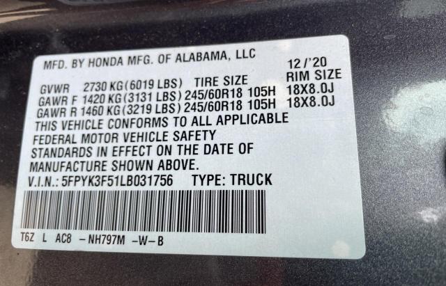 Photo 10 from auction – 2020 HONDA RIDGELINE with VIN 5FPYK3F51LB031756