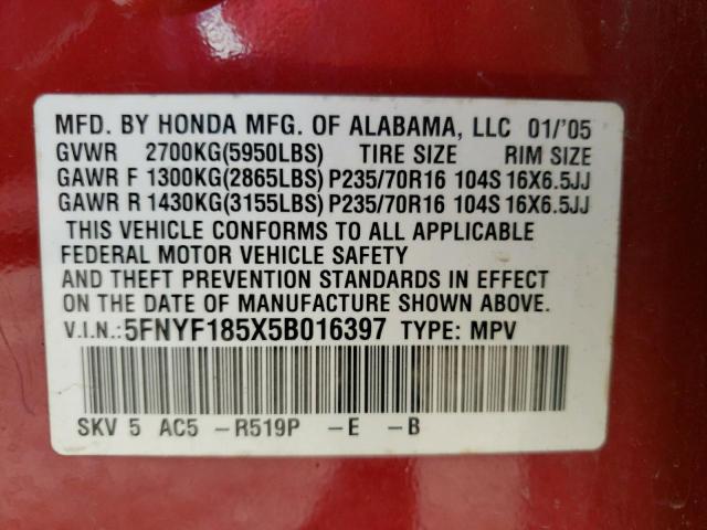 صورة رقم 10 من المزاد - 2005 HONDA PILOT EXL مع VIN 5FNYF185X5B016397