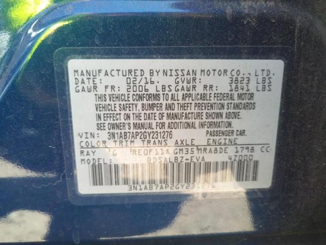 Photo 10 from auction – 2016 NISSAN SENTRA S with VIN 3N1AB7AP2GY231276