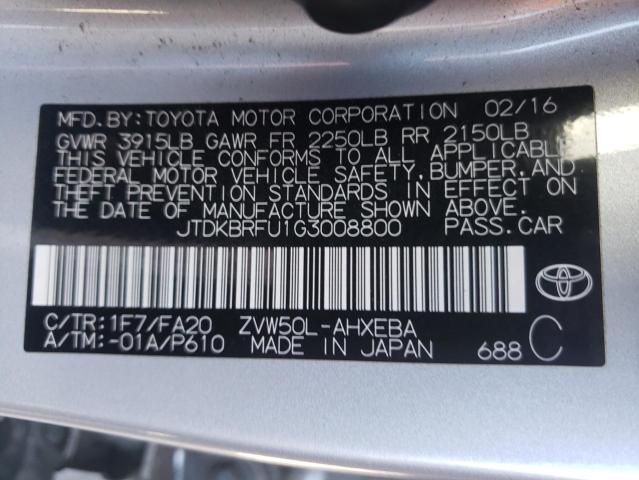 Photo 10 from auction – 2016 TOYOTA PRIUS with VIN JTDKBRFU1G3008800