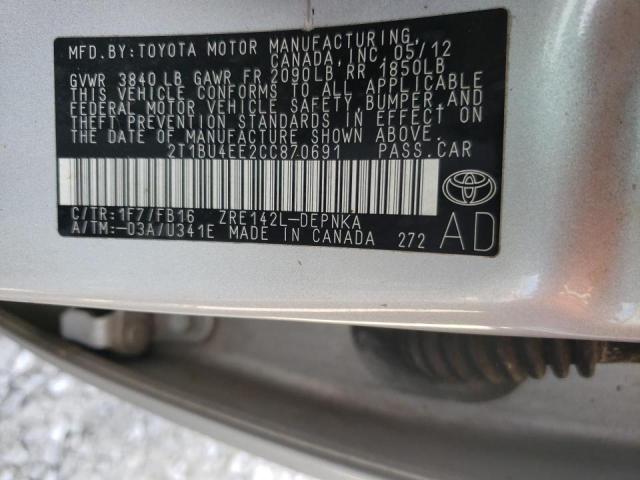 Photo 10 from auction – 2012 TOYOTA COROLLA BA with VIN 2T1BU4EE2CC870691