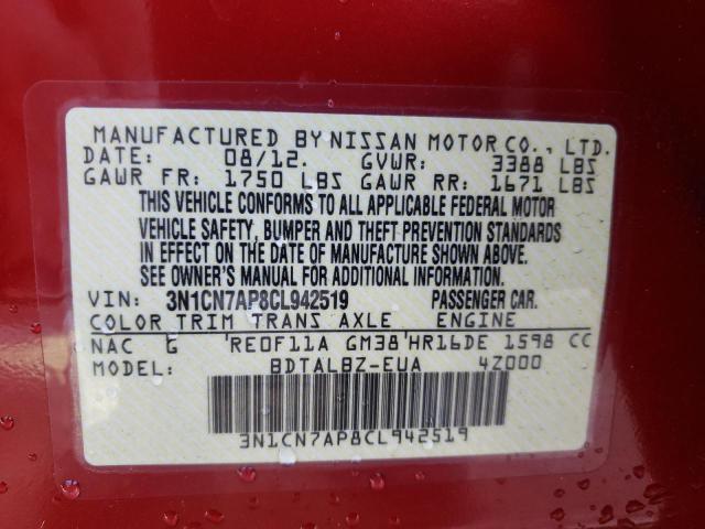 Photo 10 from auction – 2012 NISSAN VERSA S with VIN 3N1CN7AP8CL942519