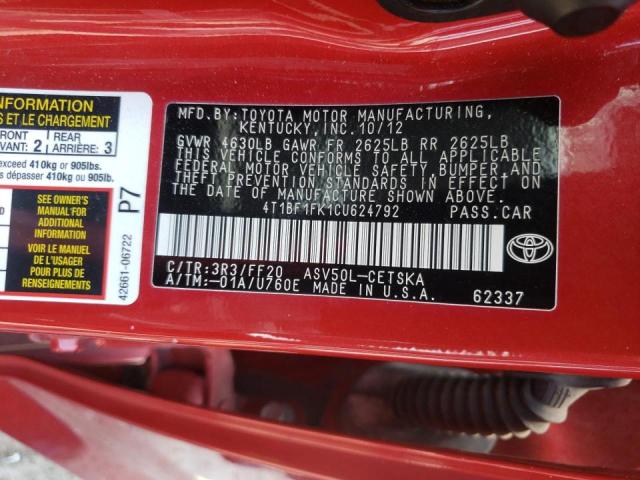 Photo 10 from auction – 2012 TOYOTA CAMRY BASE with VIN 4T1BF1FK1CU624792