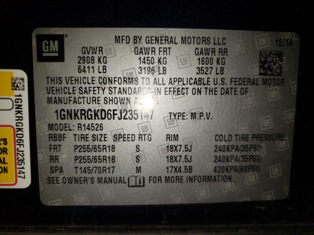 Photo 10 from auction – 2015 CHEVROLET TRAVERSE L with VIN 1GNKRGKD6FJ235147