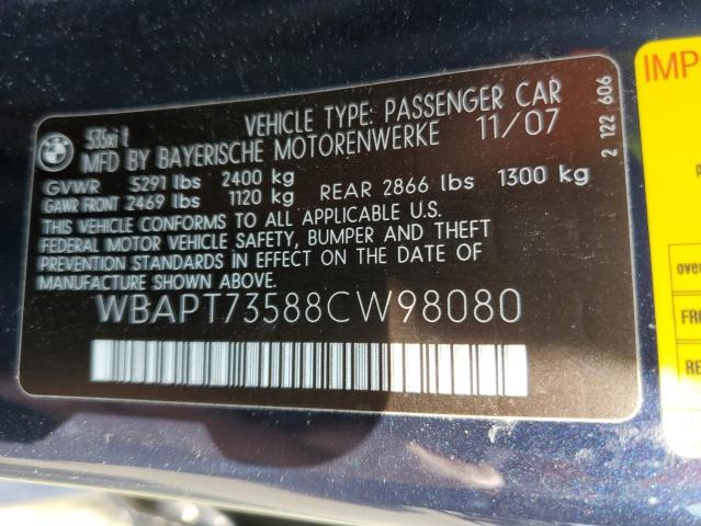 Photo 10 from auction – 2008 BMW 535 XI with VIN WBAPT73588CW98080