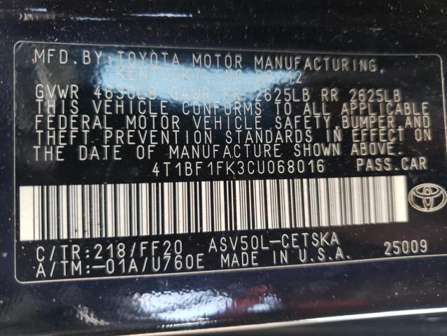 Photo 10 from auction – 2012 TOYOTA CAMRY BASE with VIN 4T1BF1FK3CU068016
