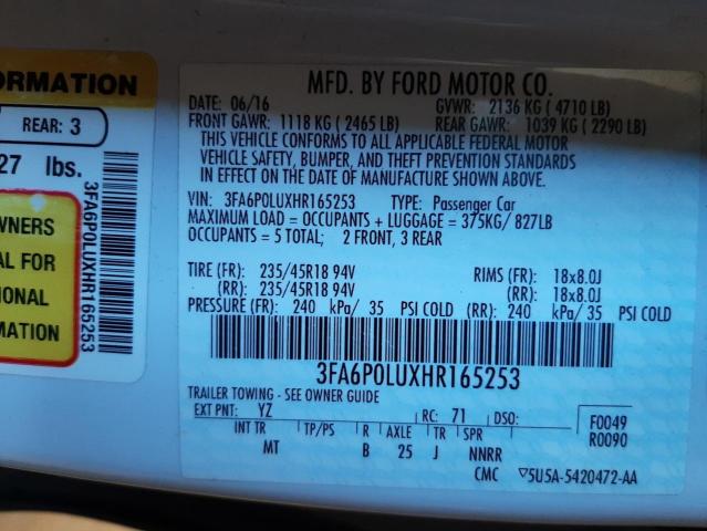 Photo 10 from auction – 2017 FORD FUSION SE with VIN 3FA6P0LUXHR165253