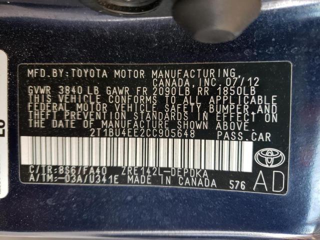 Photo 10 from auction – 2012 TOYOTA COROLLA BA with VIN 2T1BU4EE2CC905648