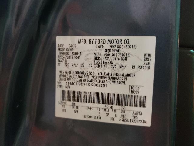 Photo 10 from auction – 2012 FORD ESCAPE XLT with VIN 1FMCU9D74CKC62251