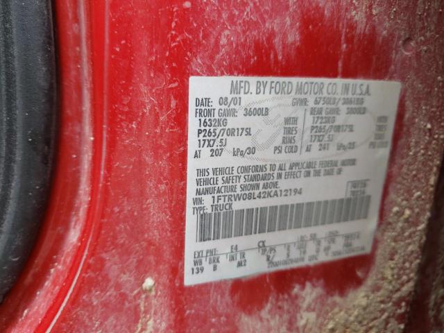 Photo 10 from auction – 2002 FORD F150 SUPER with VIN 1FTRW08L42KA12194