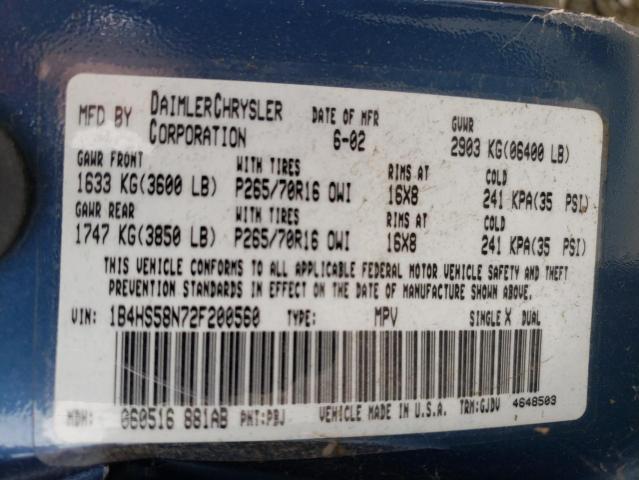 Photo 10 from auction – 2002 DODGE DURANGO SL with VIN 1B4HS58N72F200560