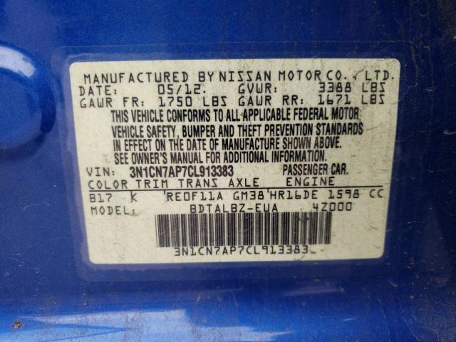 Photo 10 from auction – 2012 NISSAN VERSA S with VIN 3N1CN7AP7CL913383