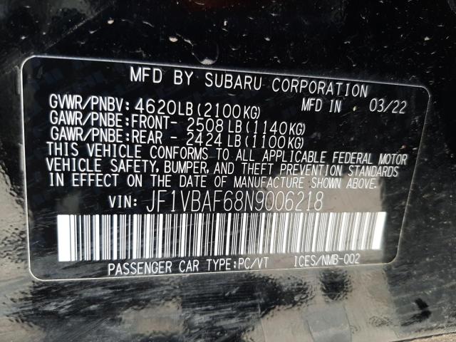 Photo 10 from auction – 2022 SUBARU WRX PREMIU with VIN JF1VBAF68N9006218