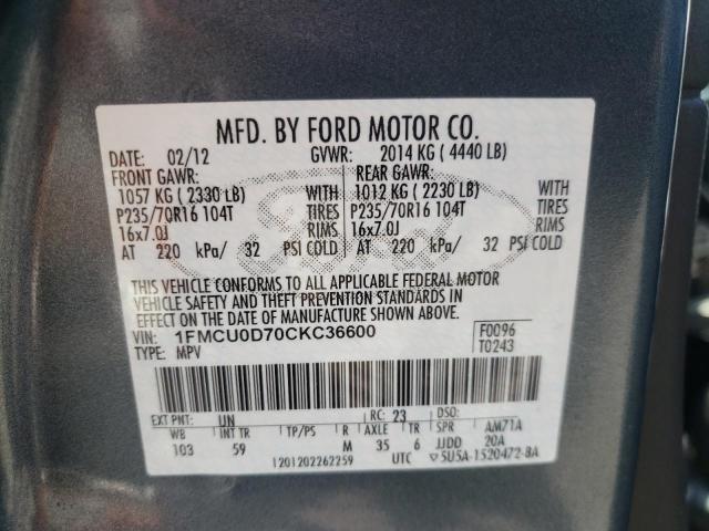 Photo 10 from auction – 2012 FORD ESCAPE XLT with VIN 1FMCU0D70CKC36600