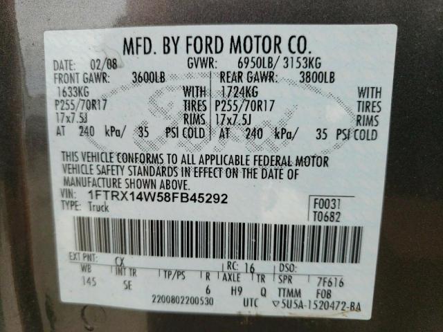 Photo 10 from auction – 2008 FORD F150 with VIN 1FTRX14W58FB45292