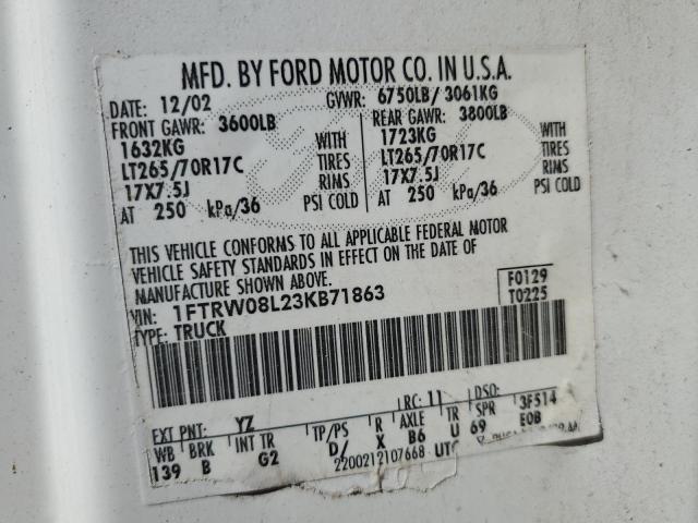 Photo 10 from auction – 2003 FORD F150 SUPER with VIN 1FTRW08L23KB71863