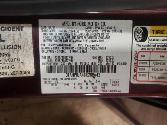 Photo 10 from auction – 2011 FORD FUSION SEL with VIN 3FAHP0JA4BR289642