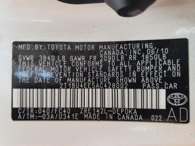 Foto 10 de la subasta – 2010 TOYOTA COROLLA BA con VIN 2T1BU4EE5AC428002