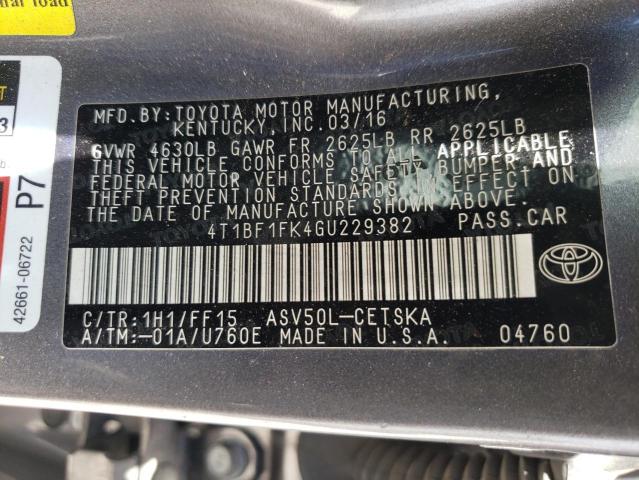 Photo 10 from auction – 2016 TOYOTA CAMRY LE with VIN 4T1BF1FK4GU229382