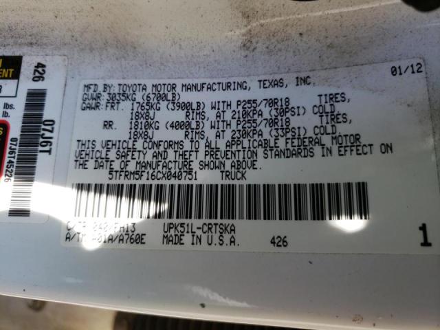 Photo 10 from auction – 2012 TOYOTA TUNDRA DOU with VIN 5TFRM5F16CX040751