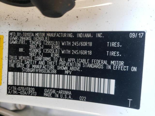 Photo 10 from auction – 2017 TOYOTA HIGHLANDER with VIN 5TDBGRFH1HS036388