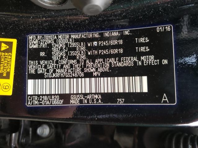 Фото 10 с аукциона – 2016 TOYOTA HIGHLANDER с VIN 5TDJKRFH7GS248706