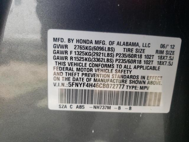 Photo 10 from auction – 2012 HONDA PILOT EX with VIN 5FNYF4H46CB072777