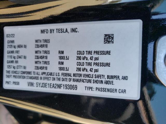 Photo 10 from auction – 2022 TESLA MODEL 3 with VIN 5YJ3E1EA2NF193069