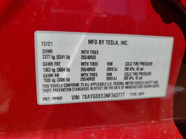 Photo 10 from auction – 2022 TESLA MODEL Y with VIN 7SAYGDEE3NF343777