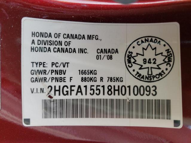 Photo 10 from auction – 2008 HONDA CIVIC LX with VIN 2HGFA15518H010093