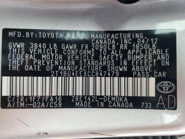 Photo 10 from auction – 2012 TOYOTA COROLLA BA with VIN 2T1BU4EEXCC847479
