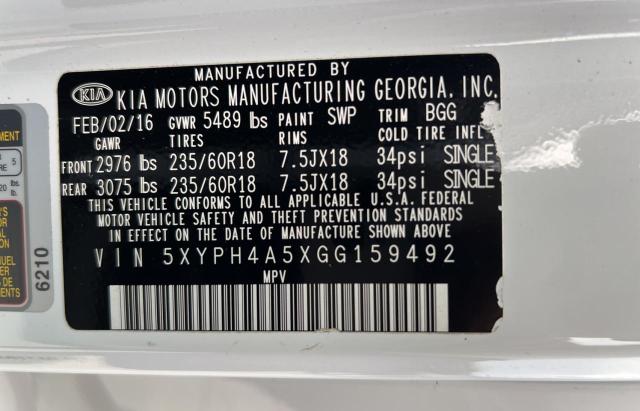 Photo 10 from auction – 2016 KIA SORENTO EX with VIN 5XYPH4A5XGG159492