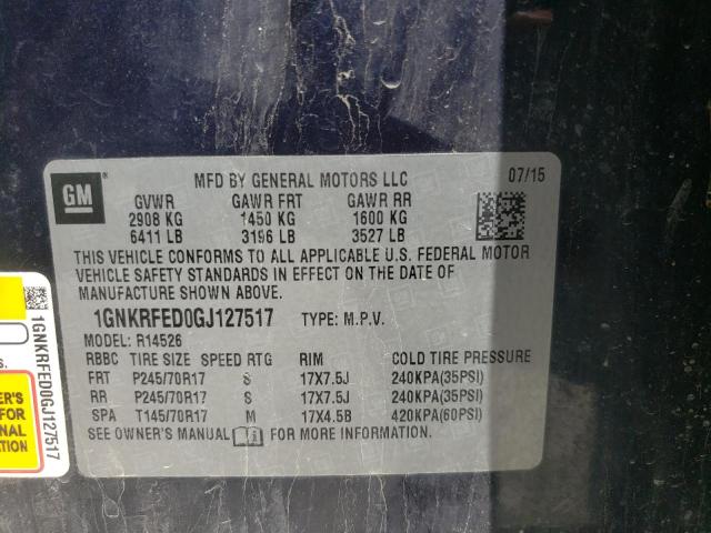 Photo 10 from auction – 2016 CHEVROLET TRAVERSE L with VIN 1GNKRFED0GJ127517