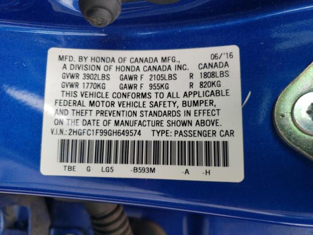 Photo 10 from auction – 2016 HONDA CIVIC TOUR with VIN 2HGFC1F99GH649574