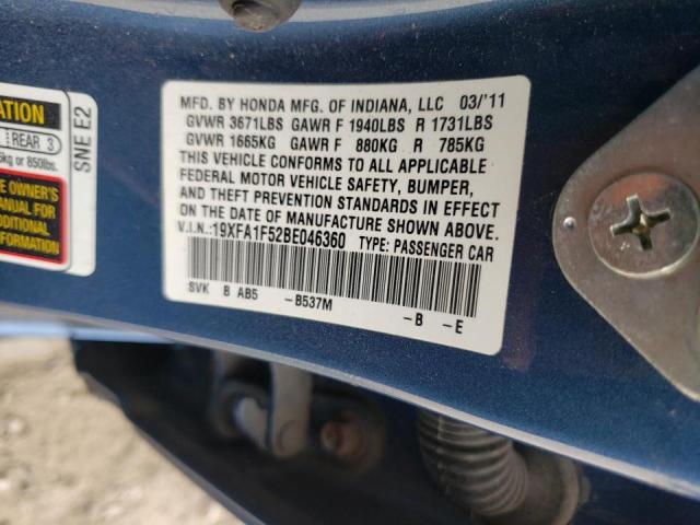 Photo 10 from auction – 2011 HONDA CIVIC LX with VIN 19XFA1F52BE046360