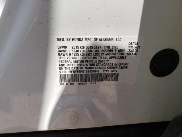 Photo 10 from auction – 2016 HONDA PILOT EXL with VIN 5FNYF5H51GB054840