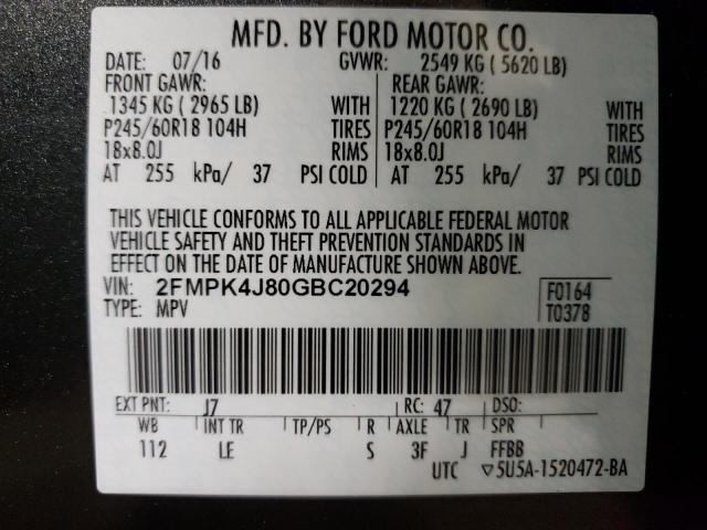 Photo 10 from auction – 2016 FORD EDGE SEL with VIN 2FMPK4J80GBC20294