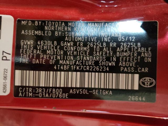 Photo 10 from auction – 2012 TOYOTA CAMRY BASE with VIN 4T4BF1FK7CR226234