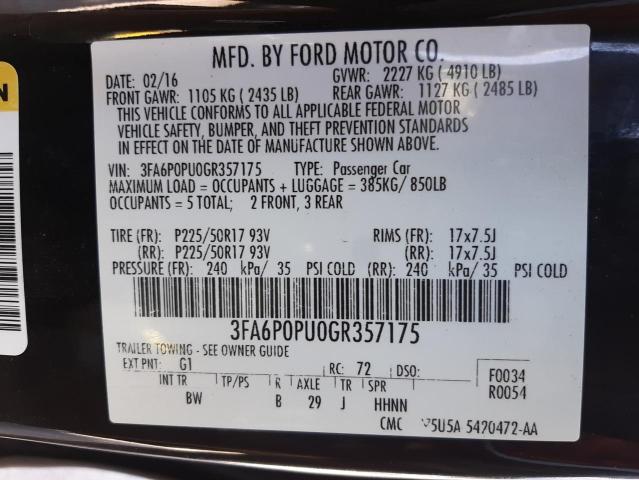 Photo 10 from auction – 2016 FORD FUSION SE with VIN 3FA6P0PU0GR357175