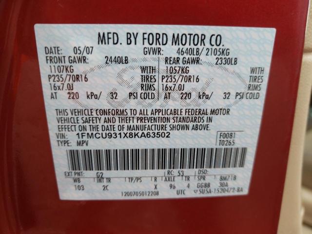 Photo 10 from auction – 2008 FORD ESCAPE XLT with VIN 1FMCU931X8KA63502