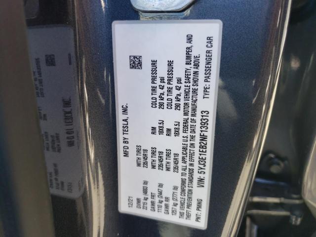 Photo 10 from auction – 2022 TESLA MODEL 3 with VIN 5YJ3E1EB2NF139313