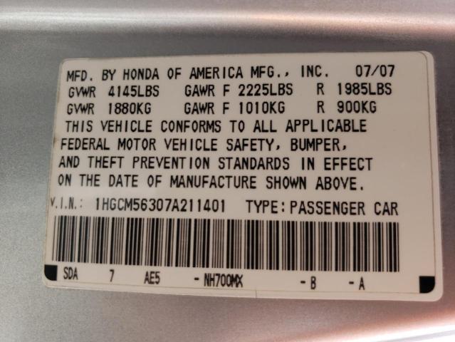 Photo 10 from auction – 2007 HONDA ACCORD SE with VIN 1HGCM56307A211401