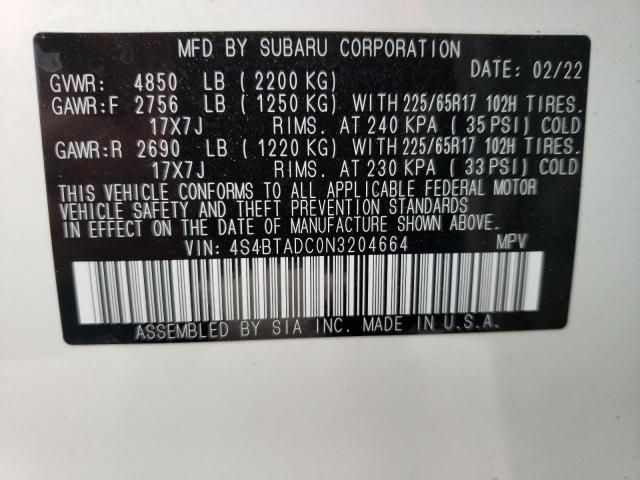 Photo 10 from auction – 2022 SUBARU OUTBACK PR with VIN 4S4BTADC0N3204664