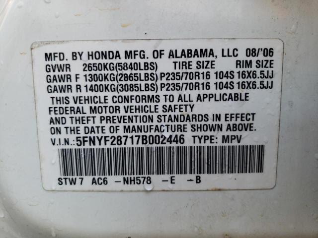 Photo 10 from auction – 2007 HONDA PILOT EXL with VIN 5FNYF28717B002446