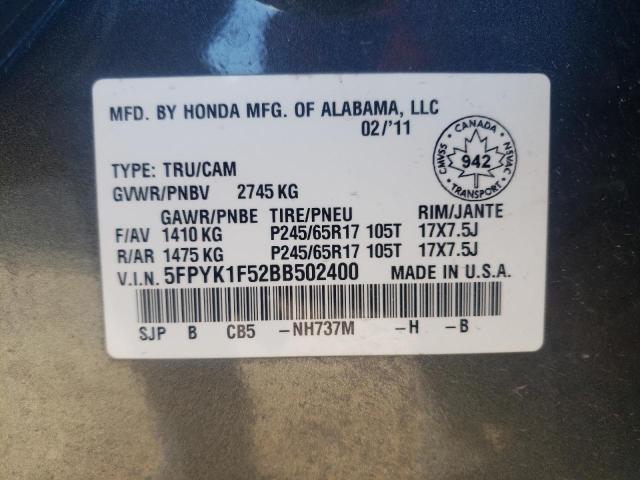 Photo 10 from auction – 2011 HONDA RIDGELINE with VIN 5FPYK1F52BB502400