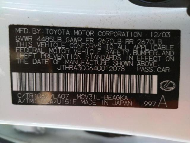Photo 10 from auction – 2004 LEXUS ES 330 with VIN JTHBA30G640012078