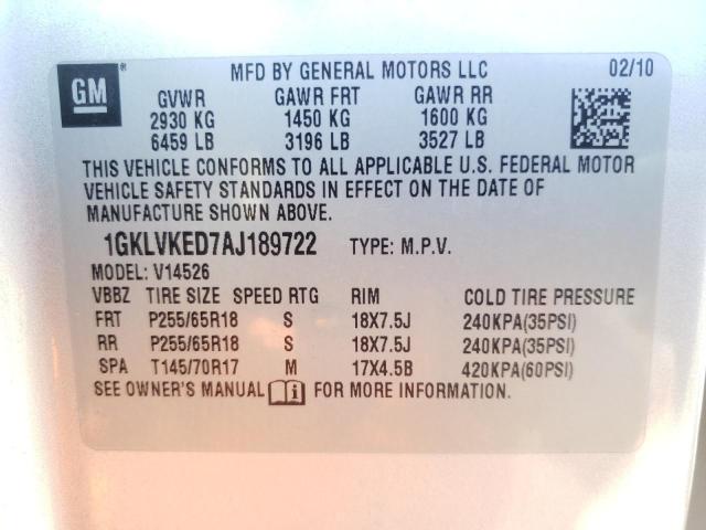 Photo 10 from auction – 2010 GMC ACADIA SL with VIN 1GKLVKED7AJ189722