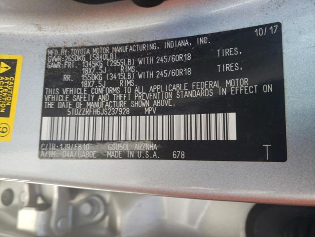 Photo 10 from auction – 2018 TOYOTA HIGHLANDER with VIN 5TDZZRFH6JS237928