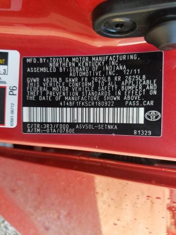 Photo 10 from auction – 2012 TOYOTA CAMRY BASE with VIN 4T4BF1FK5CR180922