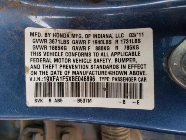 Photo 10 from auction – 2011 HONDA CIVIC LX with VIN 19XFA1F5XBE046896
